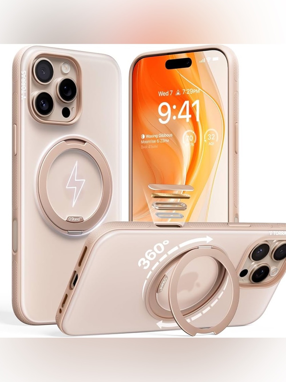Torras Clear IPhone 13 Pro Case Desert Titanium Rose Gold Ring Stand